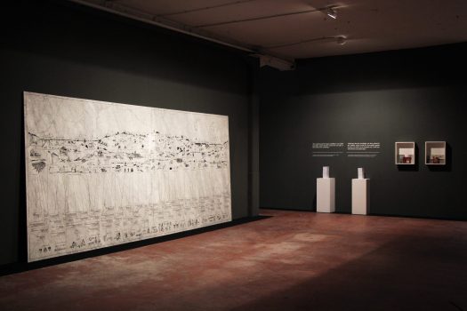 Mladen Miljanović, The Didactic Wall, engraved drawing on marble, handbooks, ready made, installation view at Kibla Portal, Maribor, Slovenia, 2019. Courtesy dell'artista